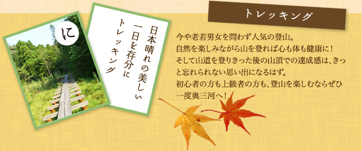 トレッキング 今や老若男女を問わず人気の登山。自然を楽しみながら山を登れば心も体も健康に！そして山道を登りきった後の山頂での達成感は、きっと忘れられない思い出になるはず。初心者の方も上級者の方も、登山を楽しむならぜひ一度奥三河へ！