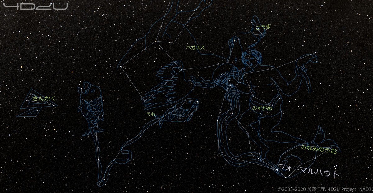 秋の星座たち　みずがめ座・みなみのうお座・ペガスス座・こうま座・うお座・さんかく座
